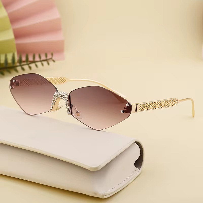 Diamond Cut Rimless women Sunglasses UV400 Protection Rhinestone Inlaid Diamond Fashion Shades