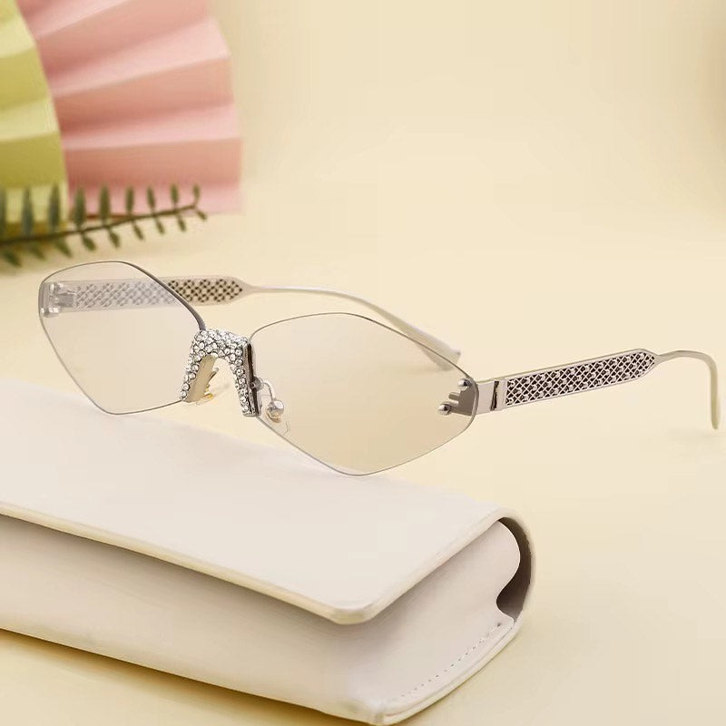 Diamond Cut Rimless women Sunglasses UV400 Protection Rhinestone Inlaid Diamond Fashion Shades