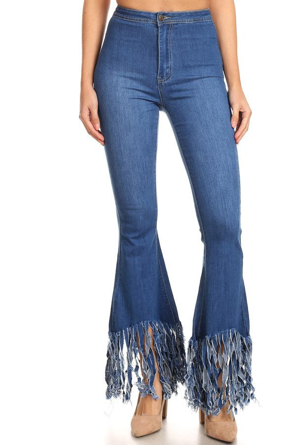 High Waist Stretch Bell Bottom with Fringed Hem Jeans