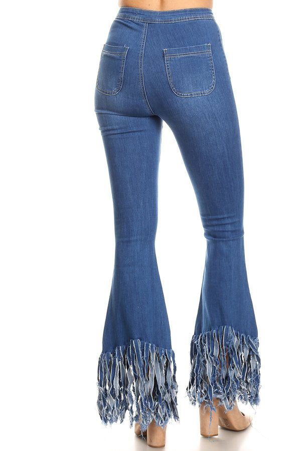 High Waist Stretch Bell Bottom with Fringed Hem Jeans