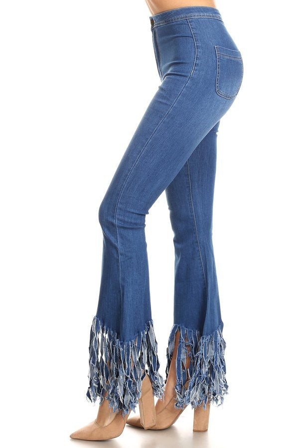 High Waist Stretch Bell Bottom with Fringed Hem Jeans