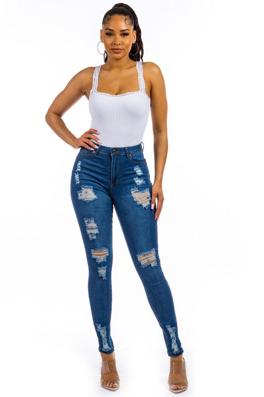 Push Up Distressed Skinny Medium Wash Jeans